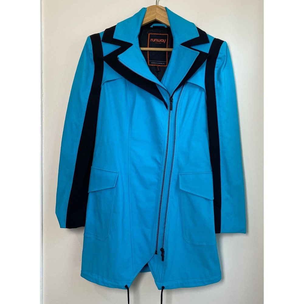 Runway New York Jacket Womens Medium Blue Black Zip Moto Trench Coat Cyberpunk
